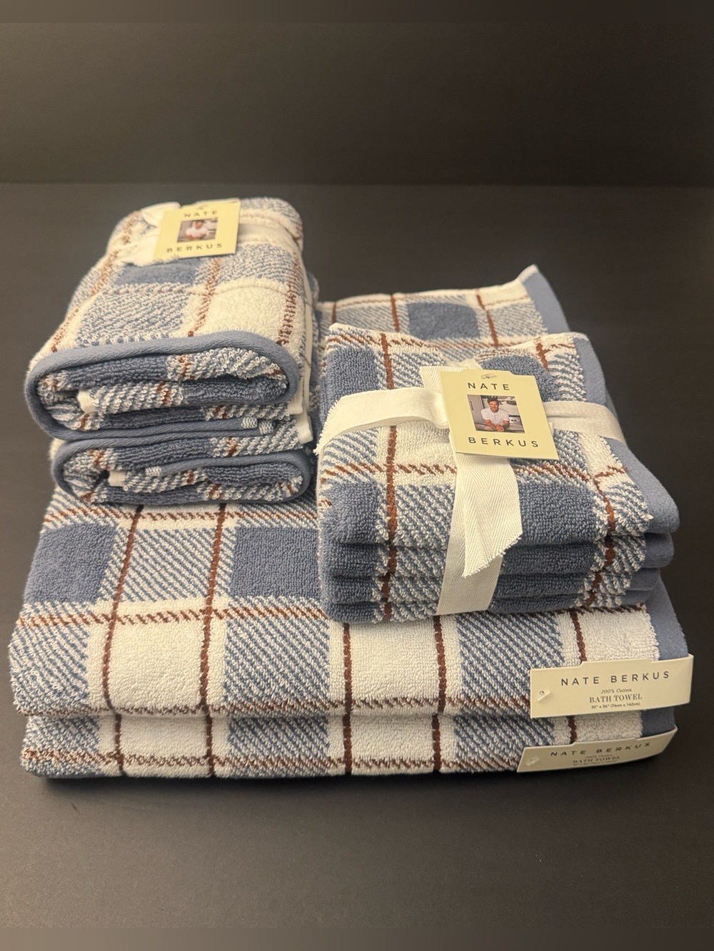 8pc NATE BERKUS 100% Cotton Plaid Bath Towel Set - Made in India